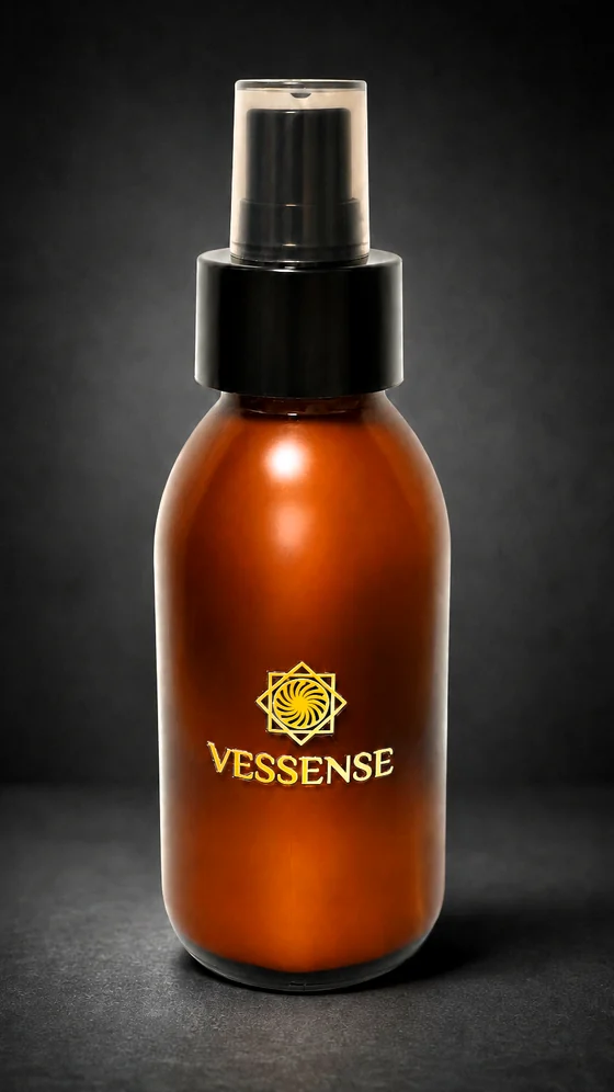 VESSENSE LE VOILE GRAND LARGE sun milk in a 100 ml dark amber glass bottle with black pump